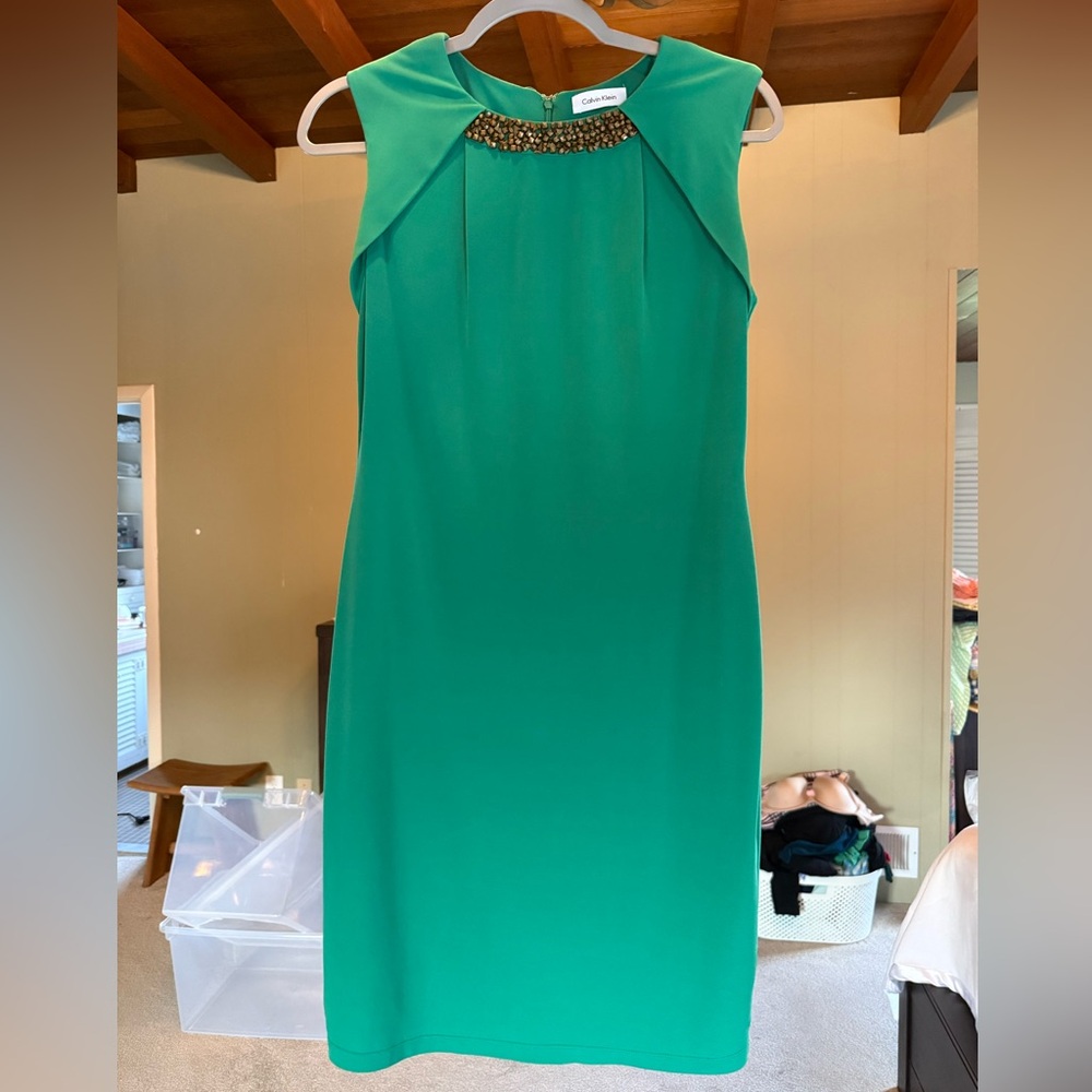 Calvin Klein Green Dress with Embellished Neckline